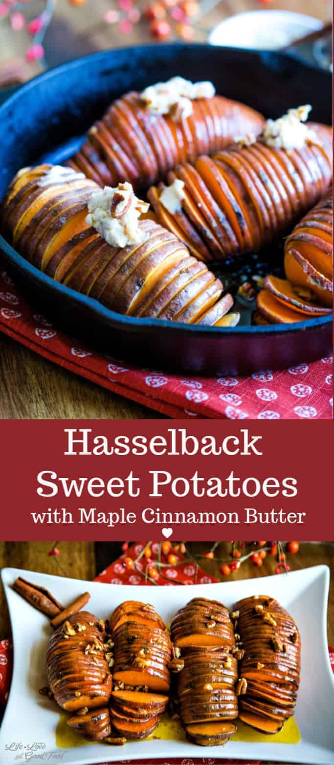 Hasselback Sweet Potatoes with Maple Cinnamon Butter are a deliciously elegant way to serve sweet potatoes this holiday season. This easy recipe is a bit healthier than the traditional holiday casserole, too! #thanksgiving #vegetarian #sweetpotatoes
