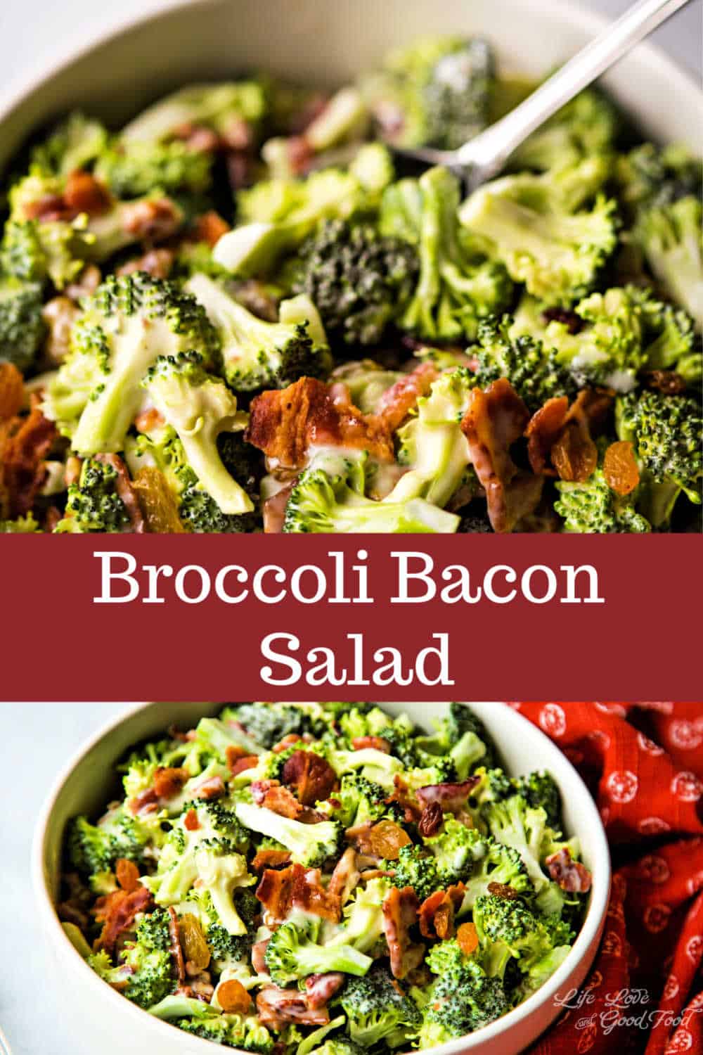 Chock full of crispy bacon, sweet golden raisins, and toasted pecans, this classic Broccoli Bacon Salad recipe is always a favorite at potluck dinners and family picnics. Served cold, this salad gets even more delicious the next day. The creamy dressing is made with just three ingredients — mayonnaise, sugar, and apple cider vinegar — and is the perfect contrast to the crunchy broccoli and chewy raisins. This recipe is the best ever!