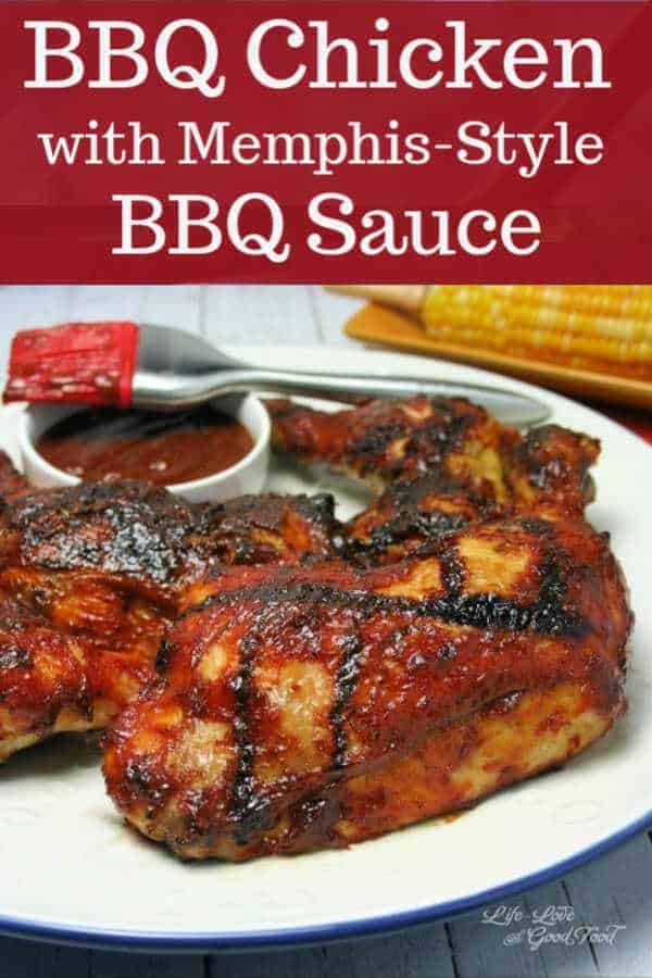 Brined first and then grilled to crisp up the skin, BBQ Chicken with Memphis-Style BBQ Sauce is basted with the tangy homemade sauce that creates a delicious glaze. Mouth-watering and finger-licking good, this chicken is succulent, tender, and delicious.