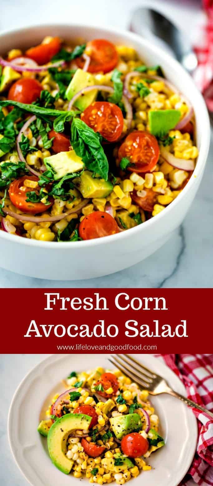 Fresh corn avocado salad recipe starts with fresh cut off sweet corn that’s tossed with juicy cherry tomatoes, red onion, and fresh basil leaves. There’s no heavy dressing on this salad, just a light and flavorful Dijon vinaigrette. #cornsalad #salad #avocado