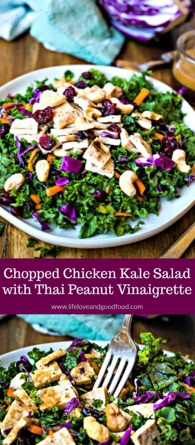 A bed of chopped kale and purple cabbage is topped with crunchy cashews, carrots, dried cranberries, chicken, and a delicious Thai peanut dressing. #kalesalad #healthyeating