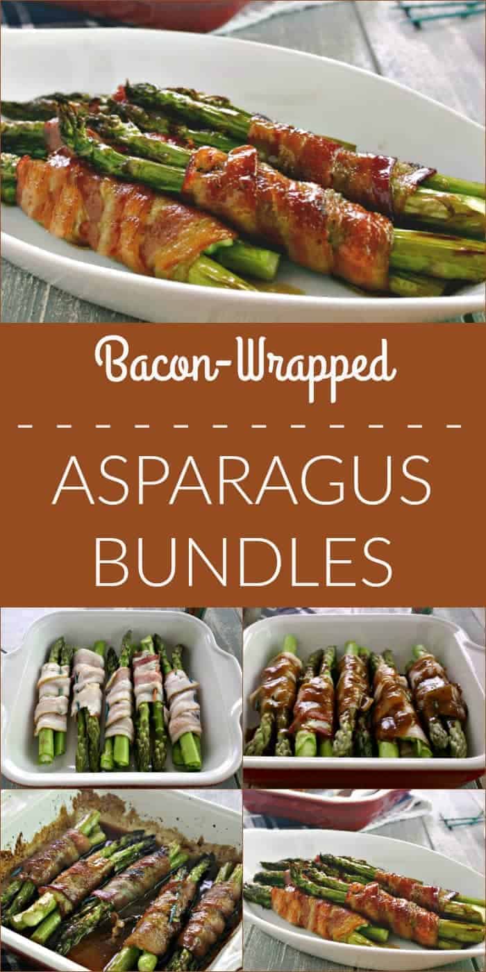 Bacon-Wrapped Asparagus Bundles are roasted with a brown sugar soy sauce until the bacon is crisp and is the perfect accompaniment for an Easter ham. #baconwrappedasparagus #asparagus #roastedasparagus #sidedish