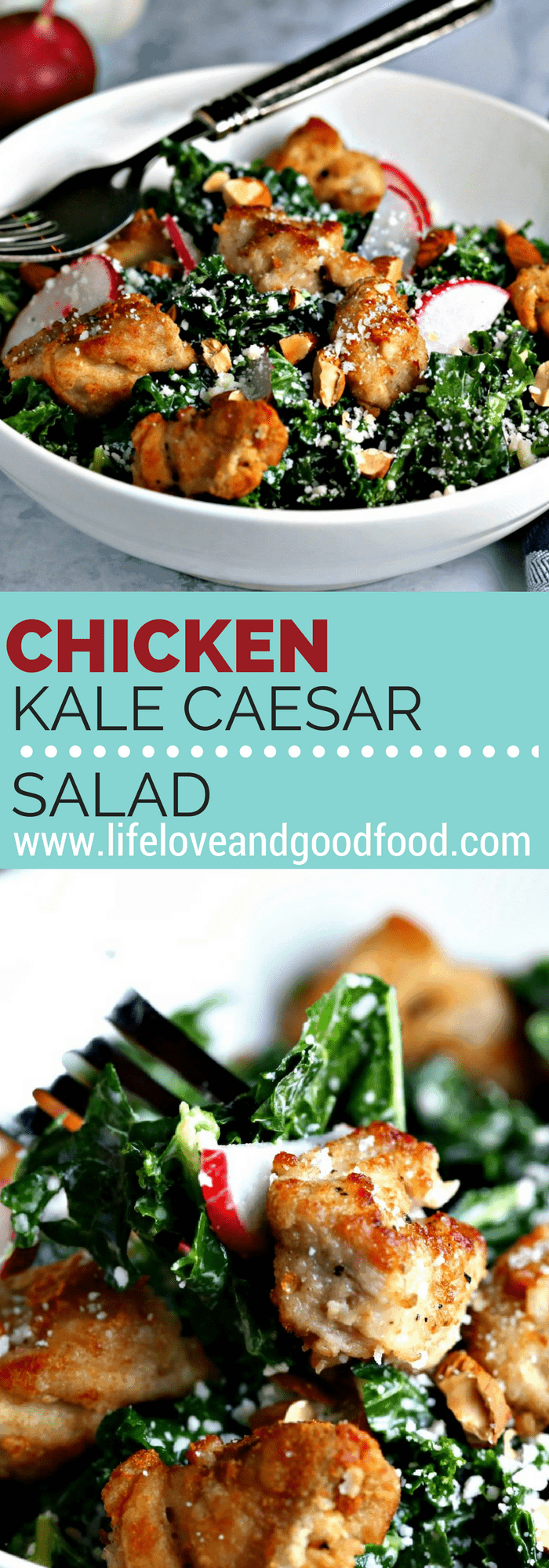 Chicken Caesar Salad is reinvented by substituting kale—one of the top-rated super foods—instead of the traditional romaine lettuce.