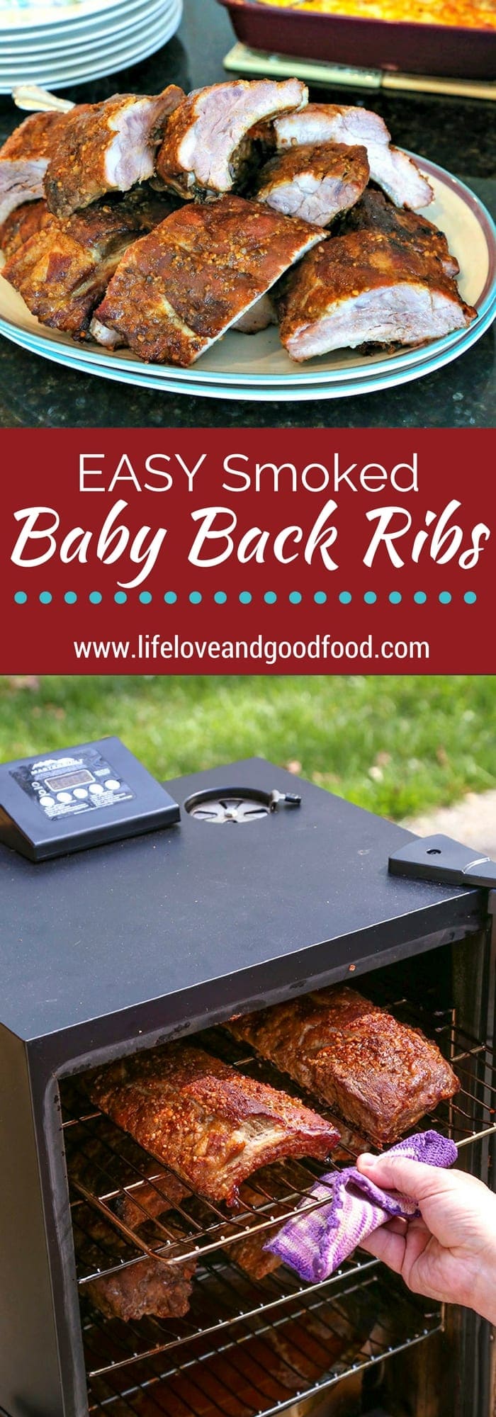 Meaty. Smoky. Juicy. Tender. And EASY! Cook delicious EASY Smoked Baby Back Ribs with just three simple steps in your electric smoker! #porkribs #electricsmoker #babybackribs #recipe #easyrecipe