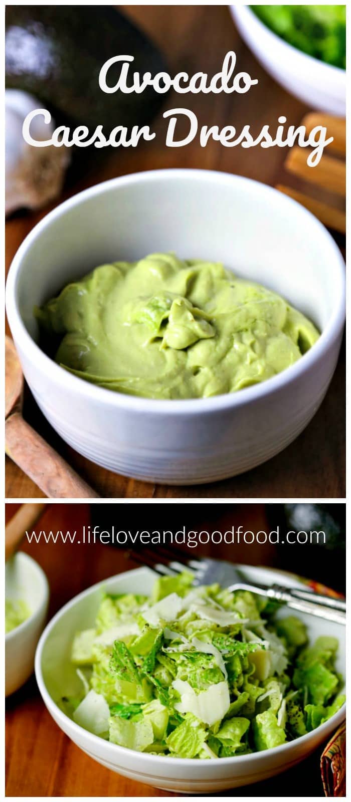 Substitute avocado for mayo in this creamy, delicious Avocado Caesar Dressing for half the fat of a regular Caesar dressing! #saladdressing #caesarsalad