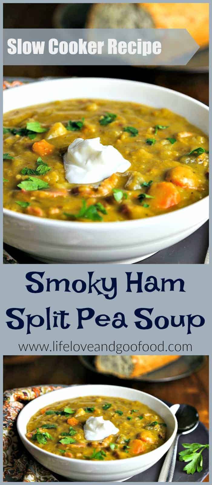 Smoky Ham Split Pea Soup is a thick, hearty soup with plenty of veggies and chunks of salty ham made in your slow cooker. #slowcooker #crockpot #soup #ham
