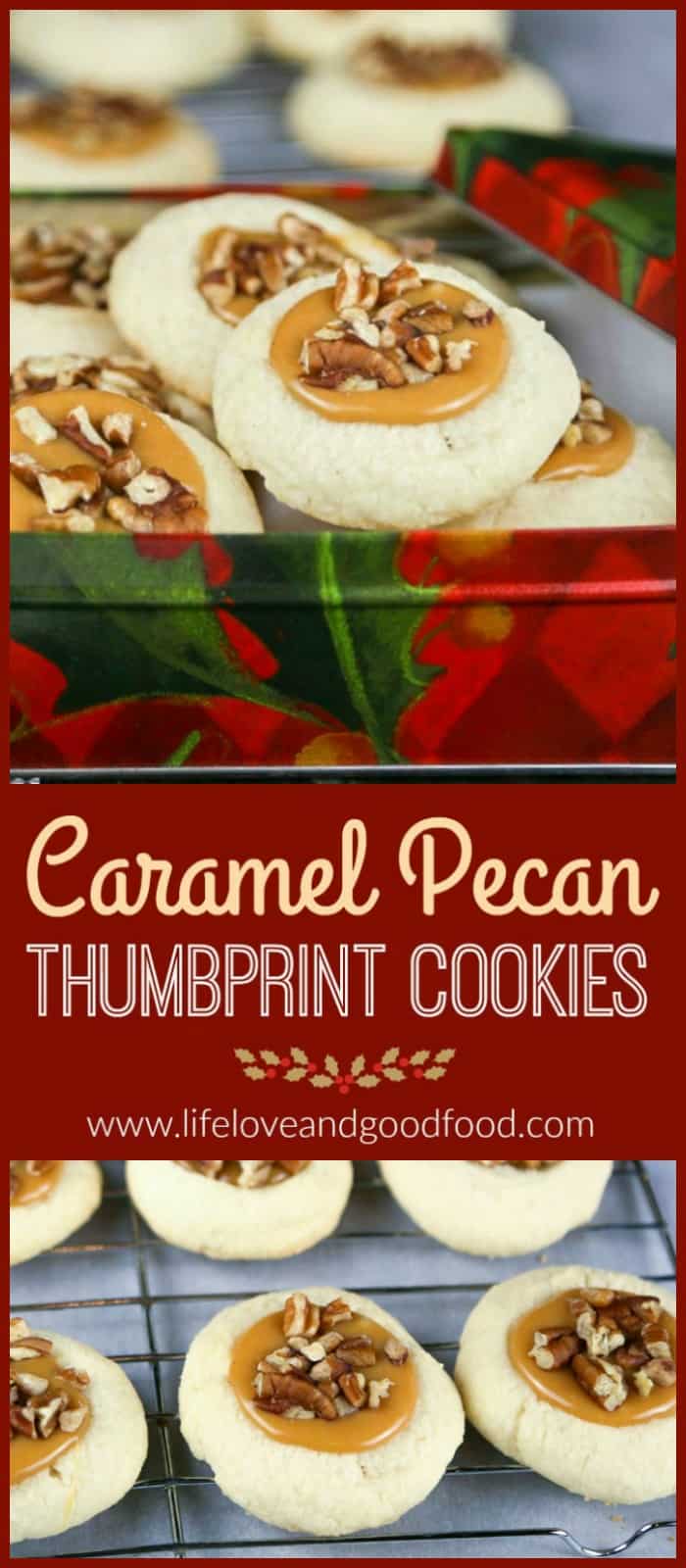 Celebrate the Sweetest Season with Caramel Pecan Thumbprint Cookies—buttery shortbread with creamy caramel centers topped with pecans.@cookies4kids #sweetestseasoncookies