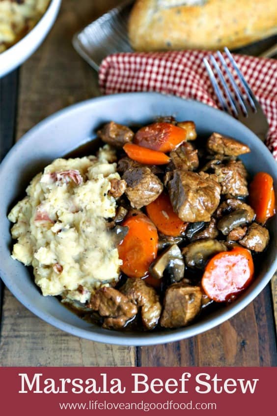 Marsala Beef Stew with Redskin Mashed Potatoes. A rich stew of beef, mushrooms, and carrots served over creamy rustic masted potatoes. #stew #dinner