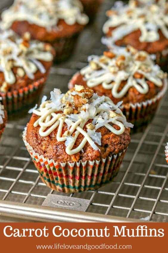Drizzled with a honey cream cheese glaze, you'll have trouble deciding whether to serve these whole wheat Carrot Coconut Muffins for brunch or for dessert! #muffin #carrotmuffin