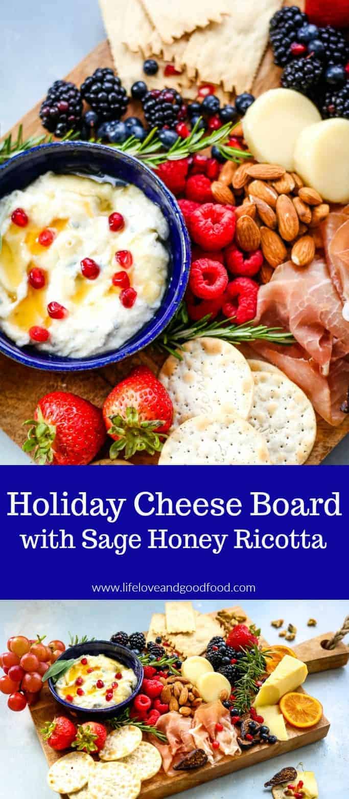 An array of colorful berries and fresh herbs on this Holiday Cheese Board with Sage Honey Ricotta makes an impressive table scape of delicious nibbles for all party guests. #cheeseboard #appetizer
