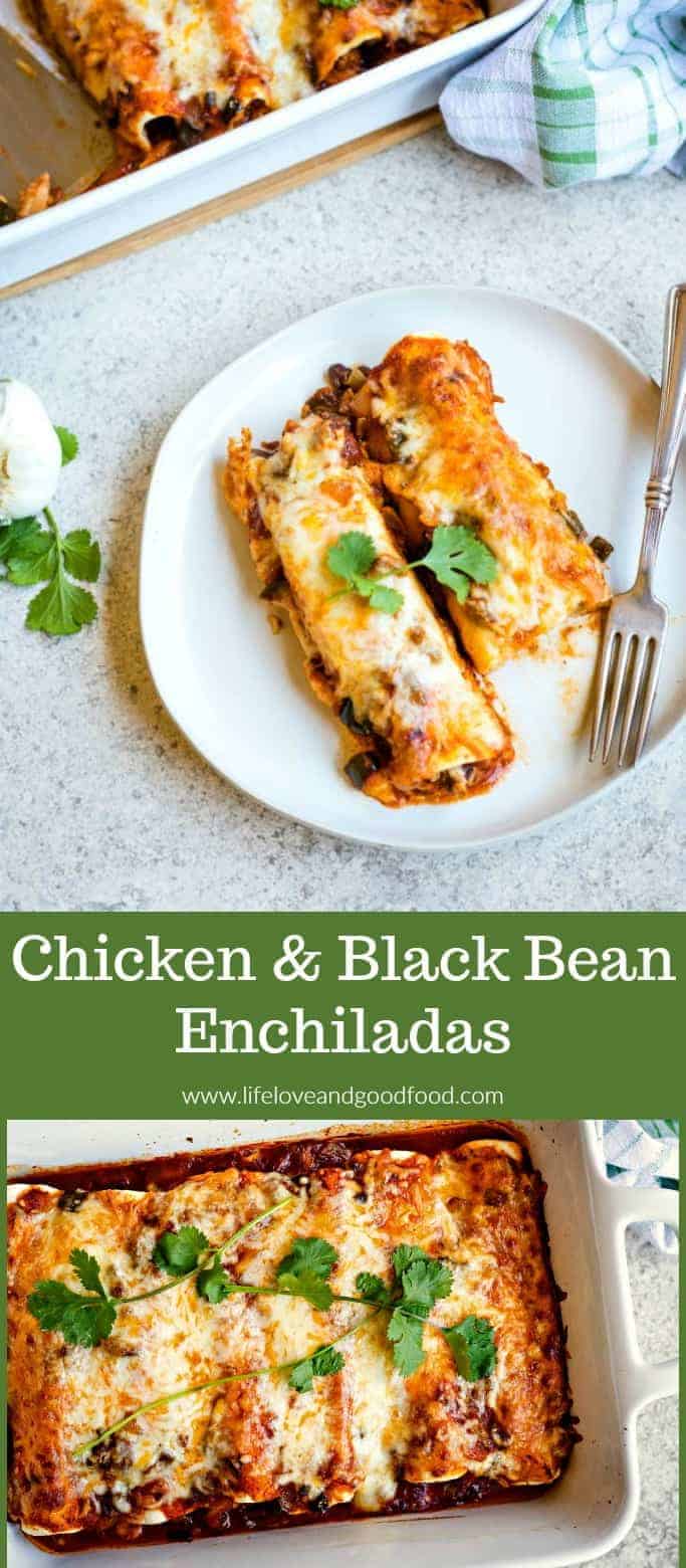 Chicken Black Bean Enchiladas with a chunky homemade enchilada sauce made with onions, poblano pepper, and smoky chipotle chilies #chickenenchiladas #cincodemayo #enchiladas #Mexican