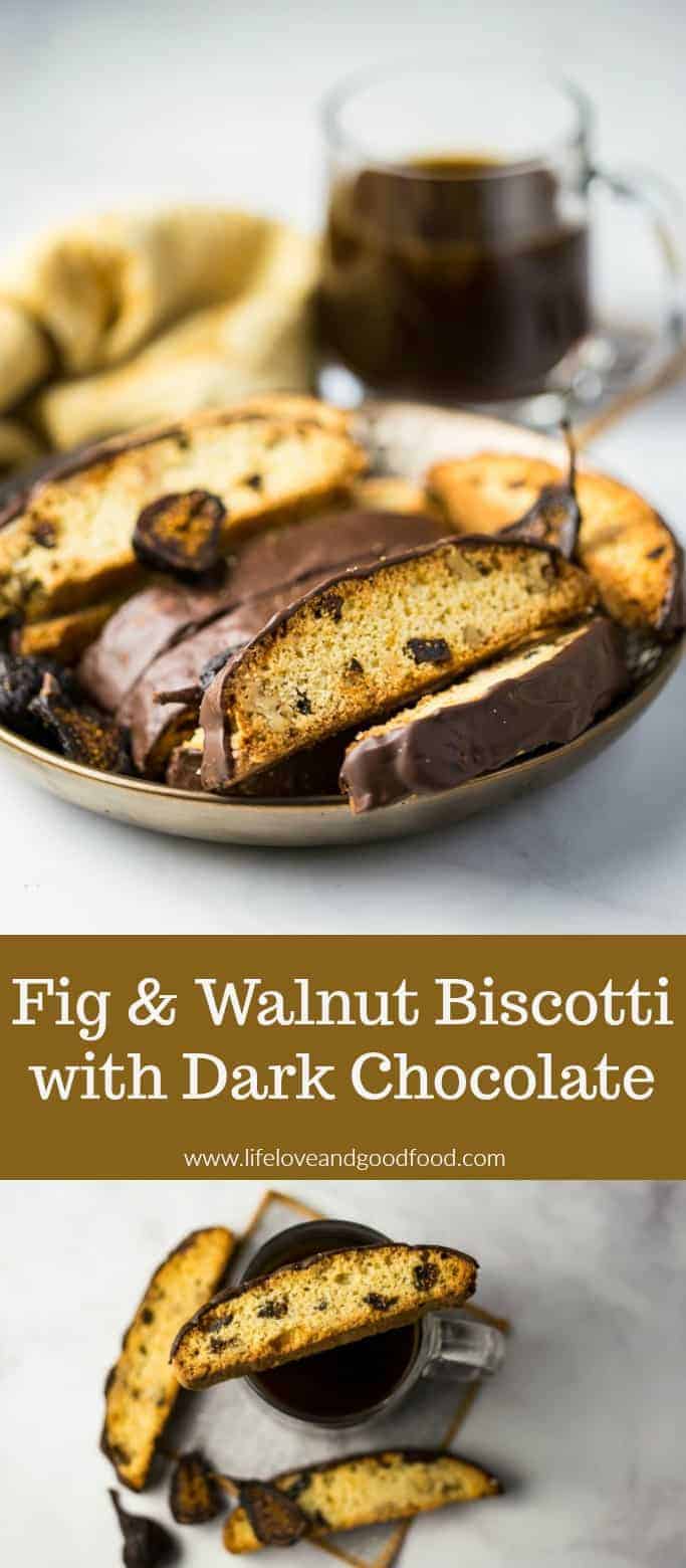 A sophisticated cookie that’s not just for coffee drinkers, the flavor of Fig and Walnut Biscotti with Dark Chocolate is enhanced by using freshly grated orange zest in the cookie dough. #biscotti #figbiscotti #italianbiscotti