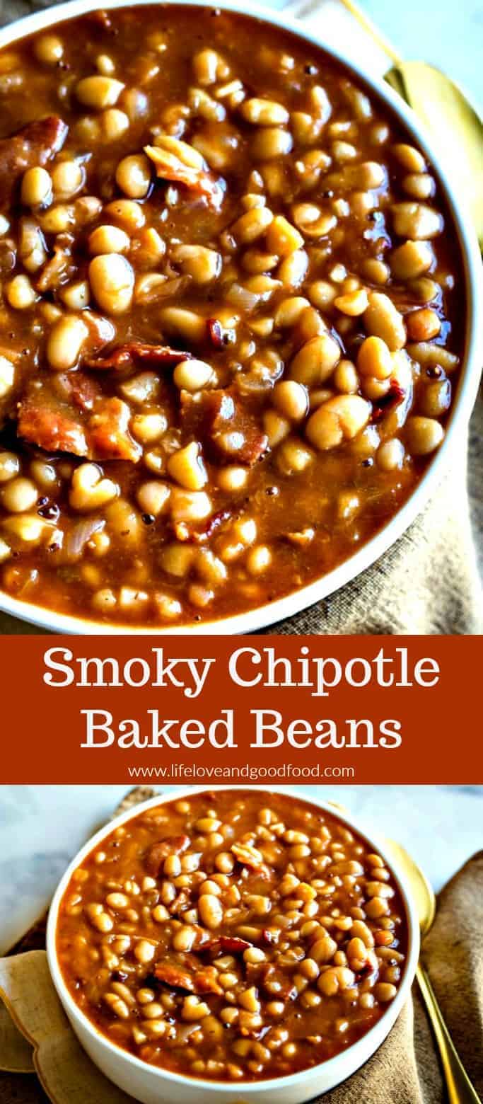 Smoky, spicy, and absolutely delicious, serve Chipotle Baked Beans at your next barbecue or picnic and kick it up a notch! Leave out the bacon for a vegetarian option. #bakedbeans #smokybakedbeans #chipotlebakedbeans