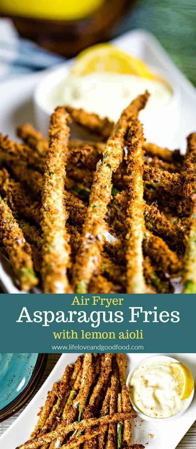 A homemade lemon and garlic aioli dipping sauce is the perfect accompaniment for this light appetizer of Air Fryer Asparagus Fries. #airfryerrecipes #healthyappetizer #lightappetizer #hotappetizer