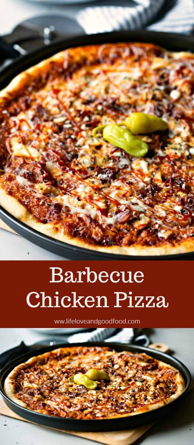 BBQ Chicken Pizza is the easiest gourmet pizza ever! Topped with spicy sauce, mozzarella cheese, red onions & bacon, this is a weeknight meal your family will love! #BBQChickenPizza #homemadepizza