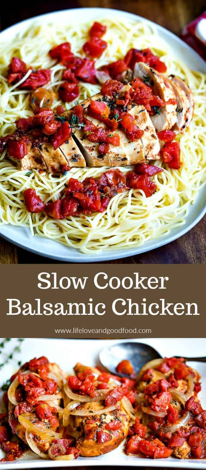 Slow Cooker Balsamic Chicken is an easy main dish that's no-fuss, healthy, and extremely tasty! Serve over angel hair pasta, zucchini noodles, or with a side of steamed veggies. #slowcookerrecipe #slowcookerchicken #balsamicchicken