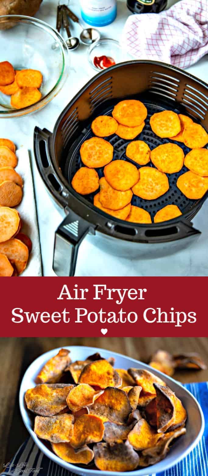 Crunchy and sweet with just a hint of salt, these healthy air fried sweet potato chips make a delicious snack as well as a side for gourmet burgers or sandwiches. #airfyrer #sweetpotato #healthyrecipe