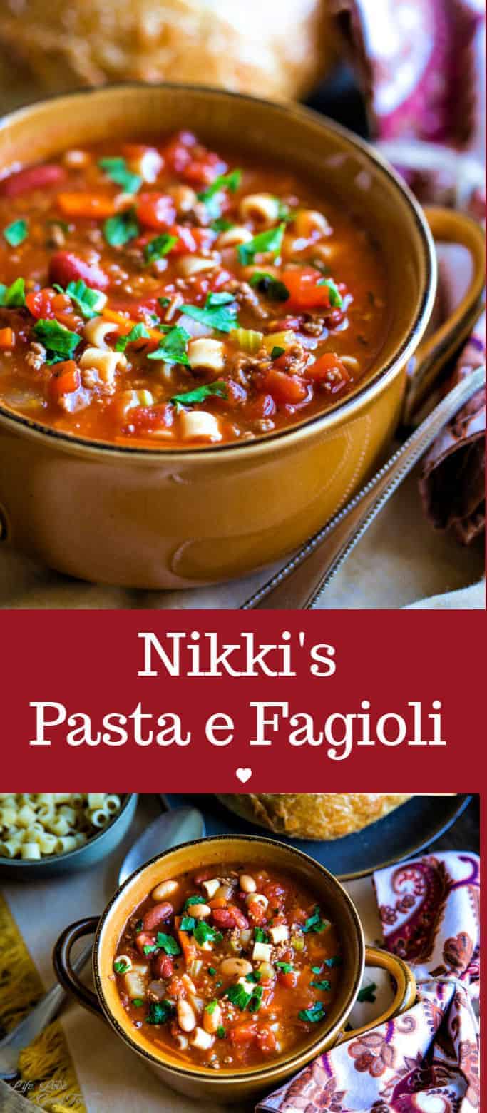 Hearty and filling, serve Nikki’s Pasta e Fagioli Soup — or Italian pasta and bean soup — with a loaf of warm, crusty bread or Italian bread sticks in order to soak up every last drop of the delicious, savory broth. This easy Italian soup recipe made with ground beef includes instructions for making this dish either on the stove or in a slow cooker. #FreakyFridayRecipes #pastafagioli #Italiansoup
