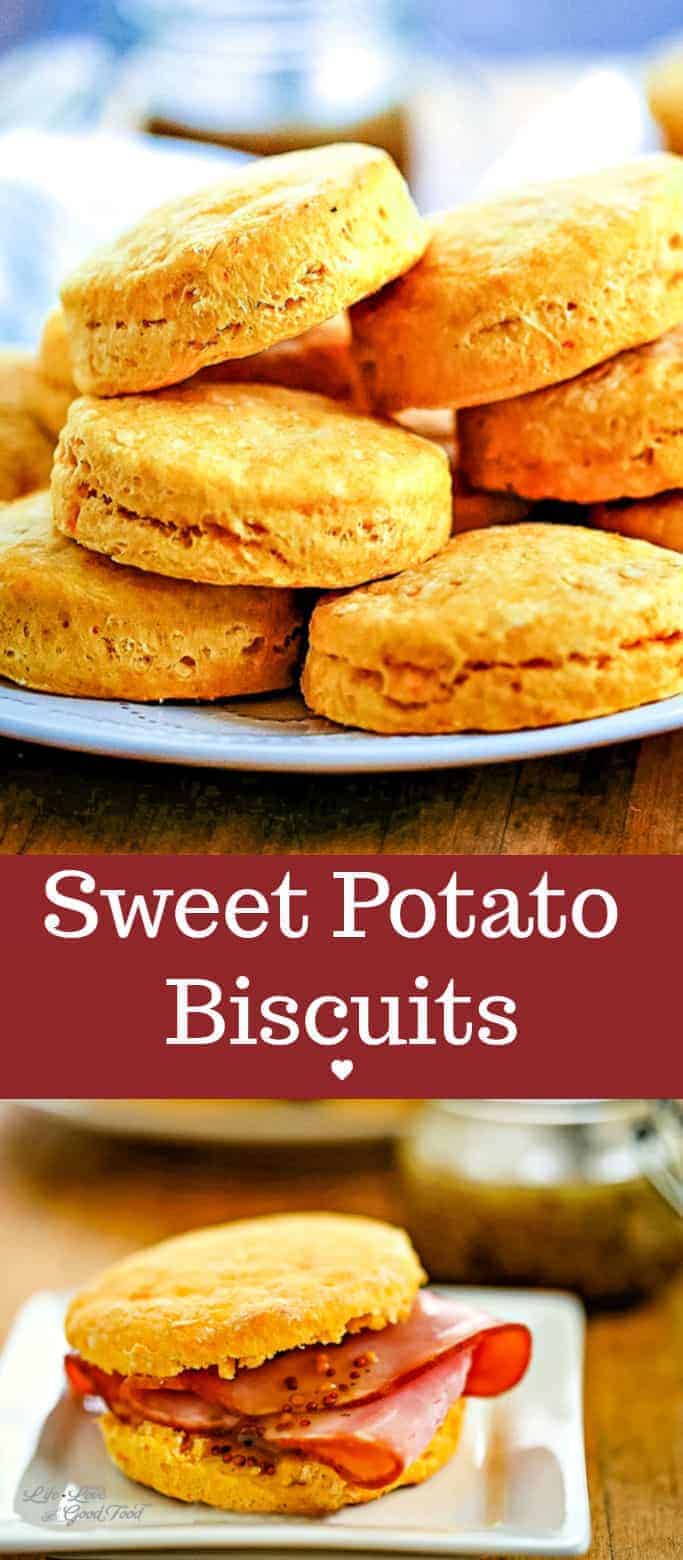 Buttery and flaky, Sweet Potato Biscuits make a lovely addition to any Thanksgiving or Christmas menu. Just by adding mashed sweet potato to the dough, you get a sweeter, moister biscuit. This easy homemade Southern biscuit recipe is particularly tasty paired with baked ham (or turkey) or drizzled with honey. #biscuits #sweetpotato #easyrecipe