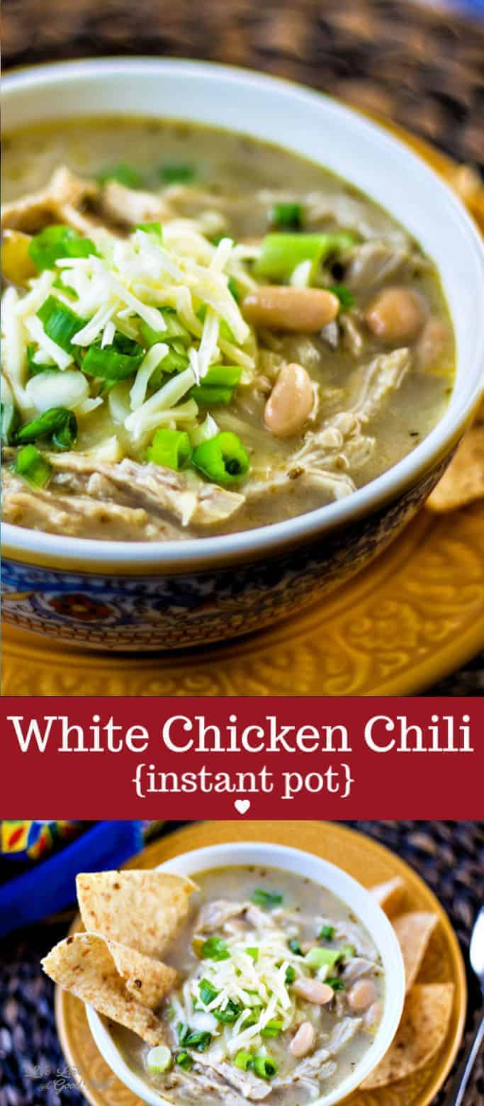 Instant Pot White Chicken Chili gets a kick 'o spice from garlic, cumin, oregano, and red cayenne pepper, while it gets a creamy broth from Monterey Jack cheese. Chock full of tender, juicy chicken and white beans, this easy pressure cooker soup can be ready to serve start to finish in about thirty minutes! #instantpot #pressurecooker #chili