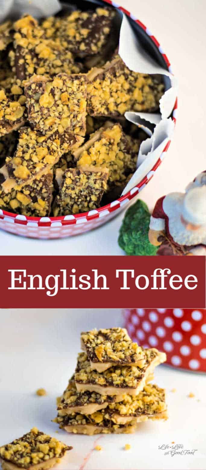 Traditional English Toffee made with buttery caramel, dark chocolate, and walnuts—a sweet, crunchy, and delicious candy for holiday gift giving.