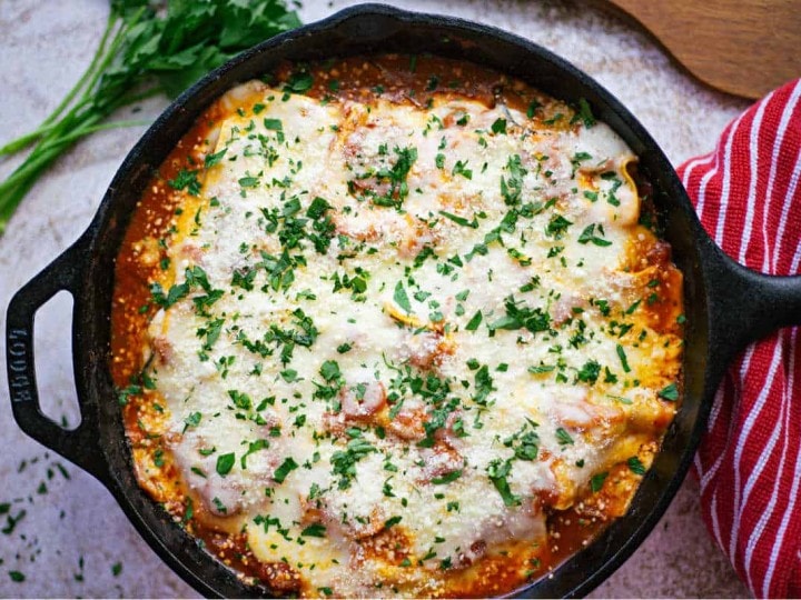 Skillet Lasagna with Squash and Mushrooms in a cast iron skillet