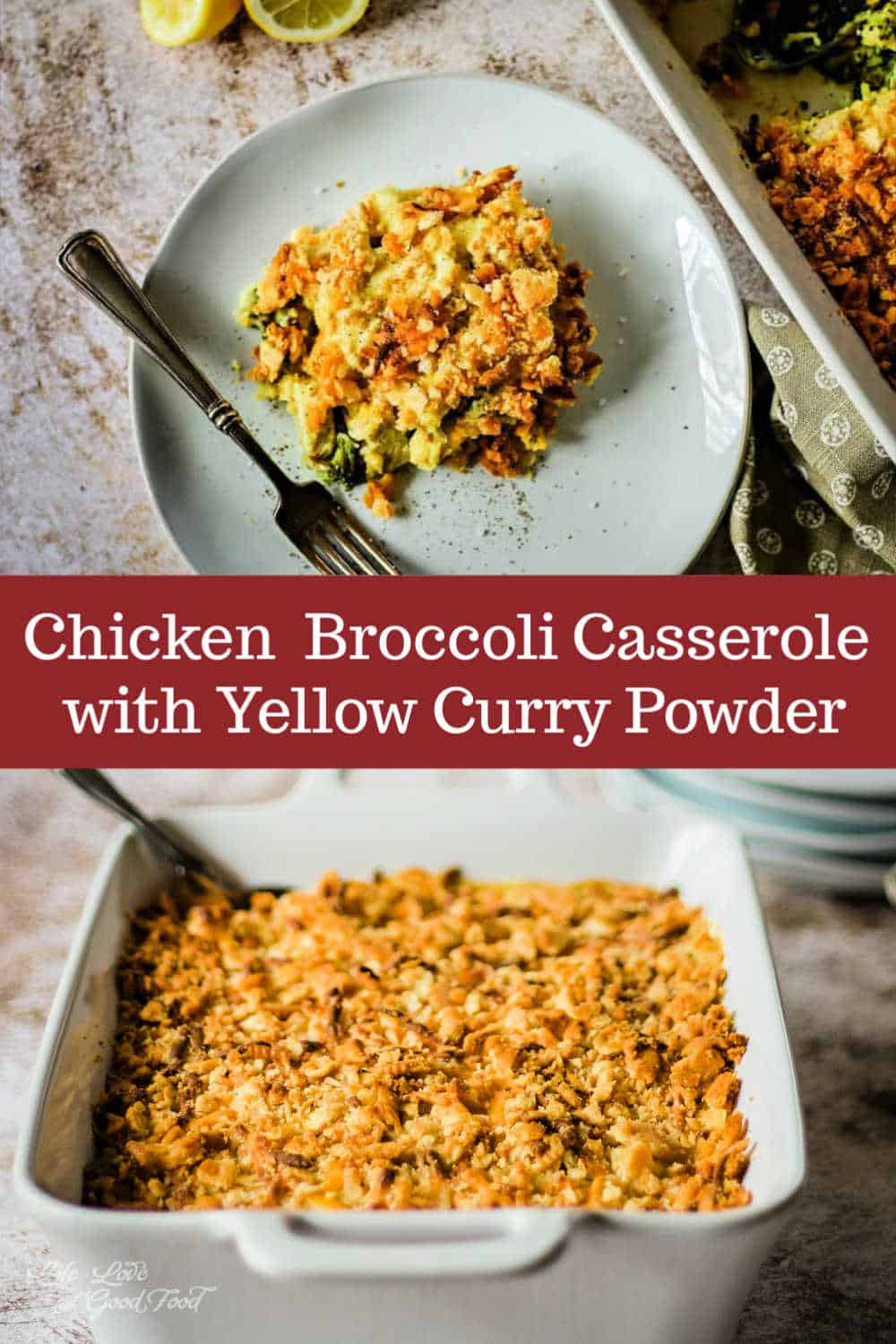 Yellow curry powder and a little mayo added to the sauce in this chicken casserole blend together for an unexpected, but delicious flavor for a winning chicken dinner your family will love! #easyrecipe #familydinner #chickencasserole #chickendinner