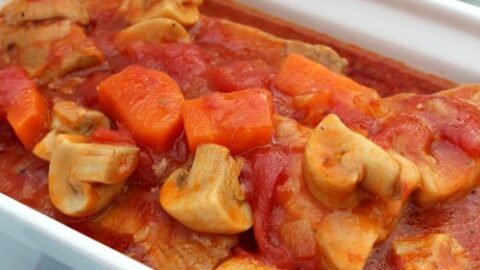 Delicious Tomato and Pork Casserole, tender pork, carrots and mushrooms in a fresh tomato sauce, all cooked in one pan on the stove top or oven.