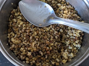 Mashing the green gram for thickening the curry naturally