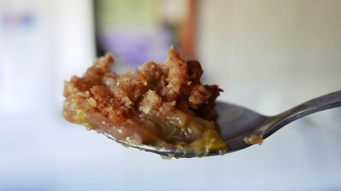 Beitragsbild_Rhabarber-Crumble Rhabarber-Crumble auf Löffel