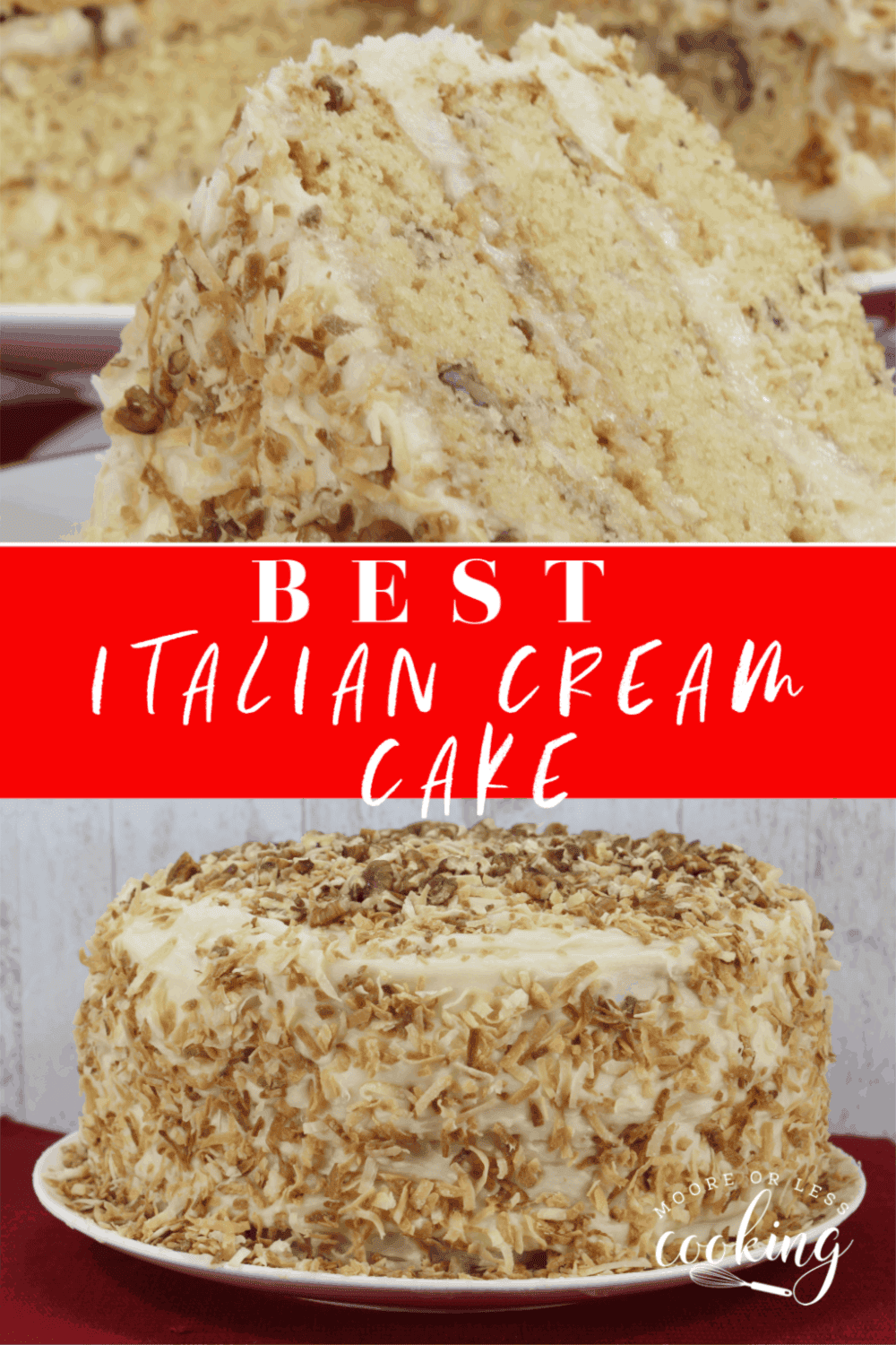 Italian Cream Cake~ This show stopper cake has 3-layers of the moistest, delicious cake that is made with toasted coconut, pecans, and a fluffy cream cheese frosting. #mooreorlesscooking #Italiancake #creamcake #cake #pecans #coconut via @Mooreorlesscook