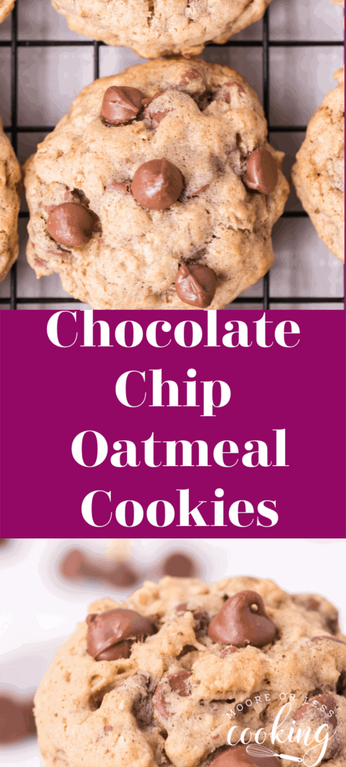 These Chocolate Chip Oatmeal Cookies are seriously the most delicious, best cookies hands down. A glass of milk and a couple of these yummy cookies are a wonderful treat. via @Mooreorlesscook