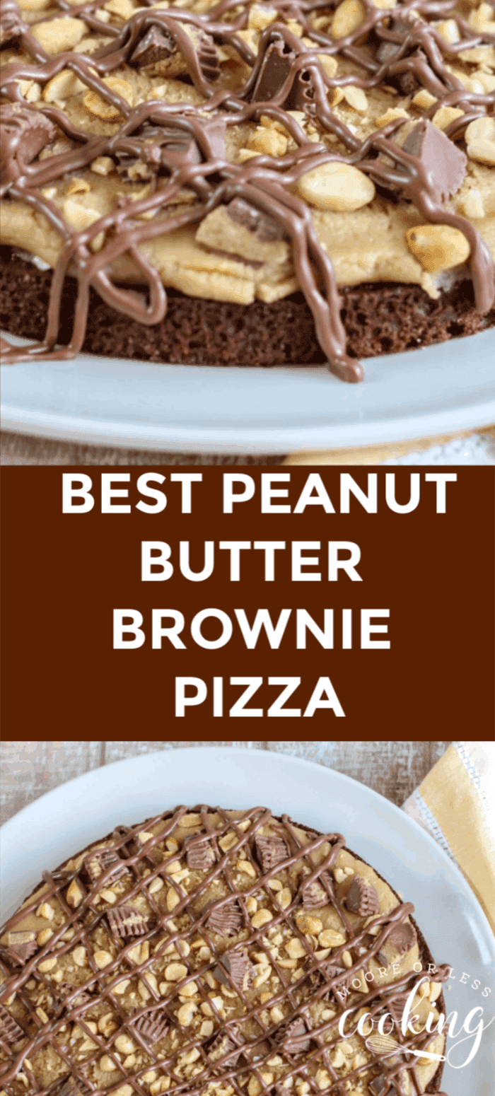 Peanut Butter Brownie Pizza is one of the best kind of pizza ever made. This pizza is made with a brownie crust, a creamy peanut butter middle, lots of chocolate, crushed peanuts and a peanut butter cup topping. via @Mooreorlesscook
