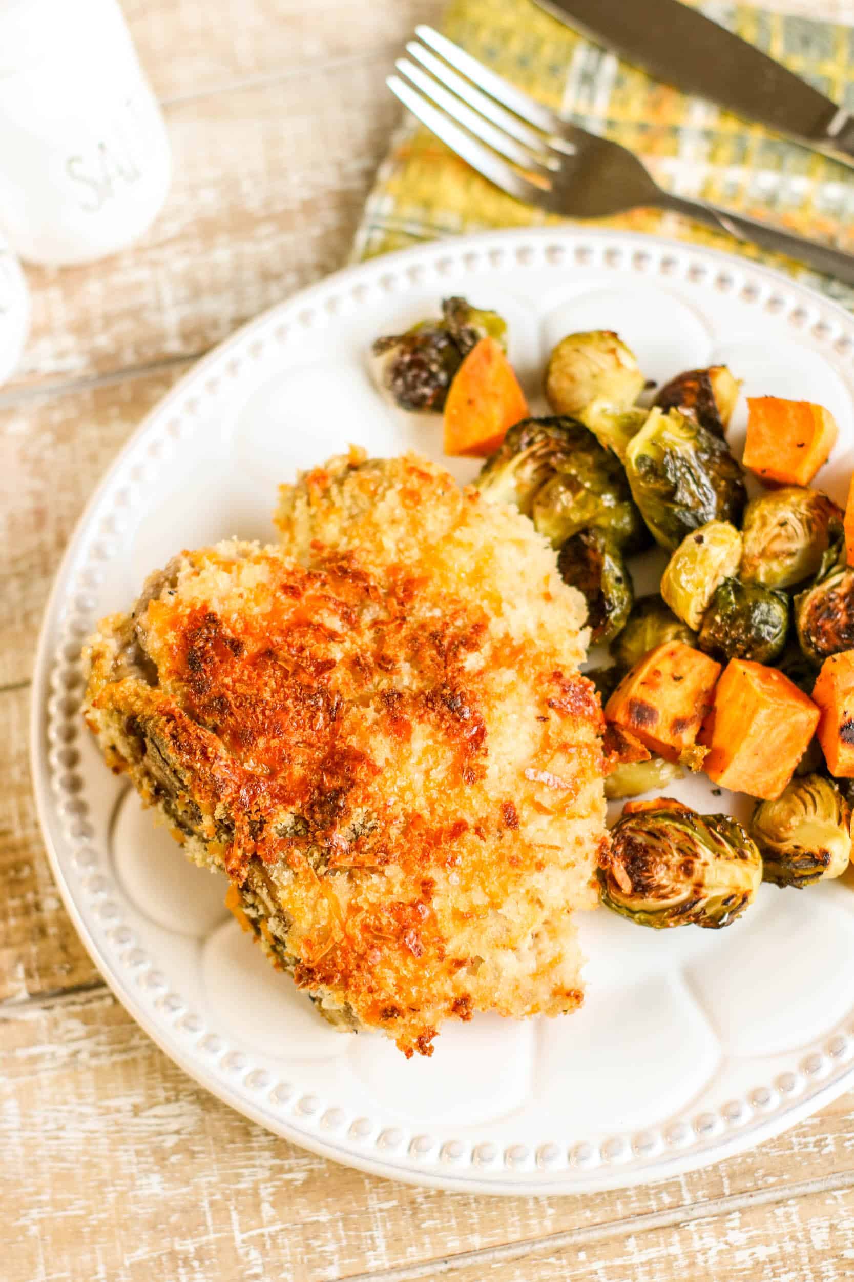 If you’re looking for a complete meal baked together on one pan, this Sheet Pan Crispy Cheddar Pork Chops with Brussels Sprouts and Sweet Potatoes is it! Crispy on the outside and juicy on the inside, you’ll love this method of cooking pork chops. via @Mooreorlesscook