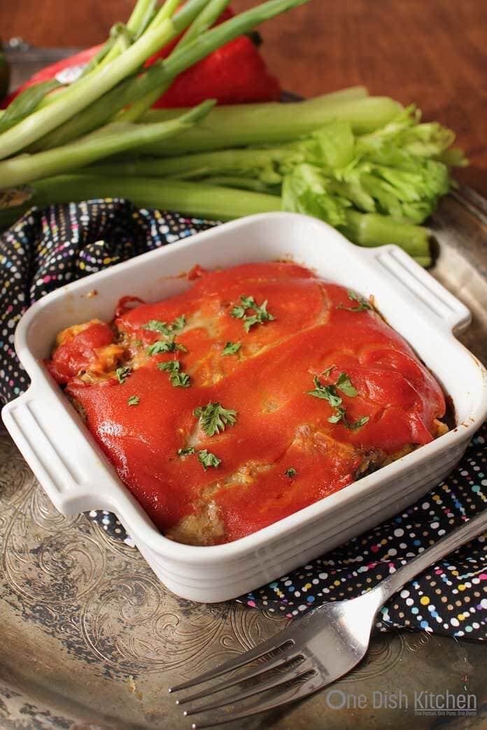 bacon cheeseburger meatloaf baked in a small baking dish | one dish kitchen