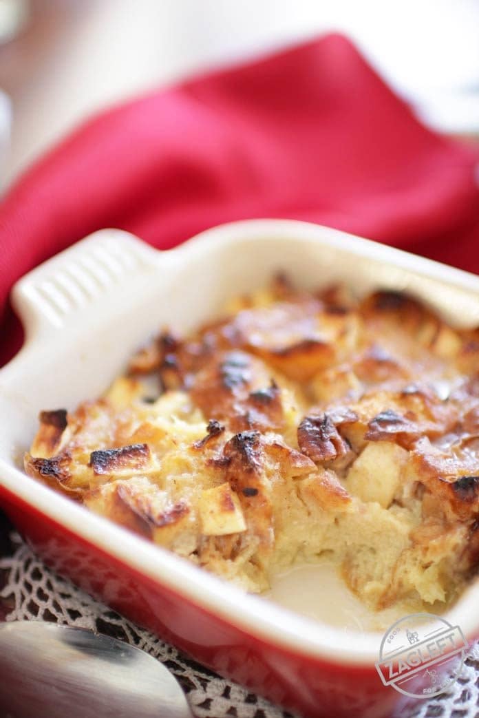 a single serving of breakfast bread pudding in a small baking dish | one dish kitchen