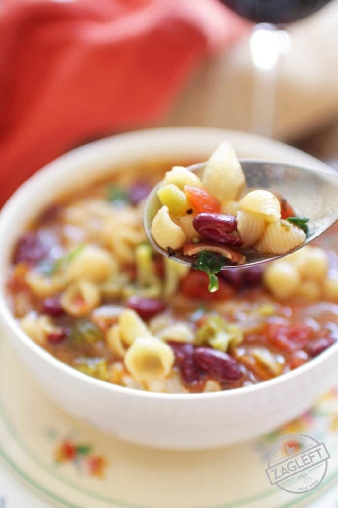 Minestrone Soup For One - this hearty Italian soup is filled with vegetables, beans, bacon and pasta. It's a flexible single-serving recipe that can be made with any number of your favorite vegetables and ingredients. | One Dish Kitchen