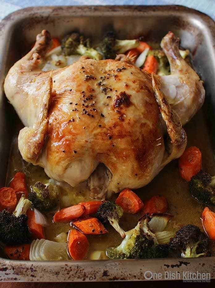 a whole chicken in a roasting pan | one dish kitchen | roast chicken with vegetables