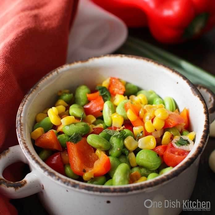 Healthy and beautiful Roasted Edamame and Red Pepper Salad | One Dish Kitchen