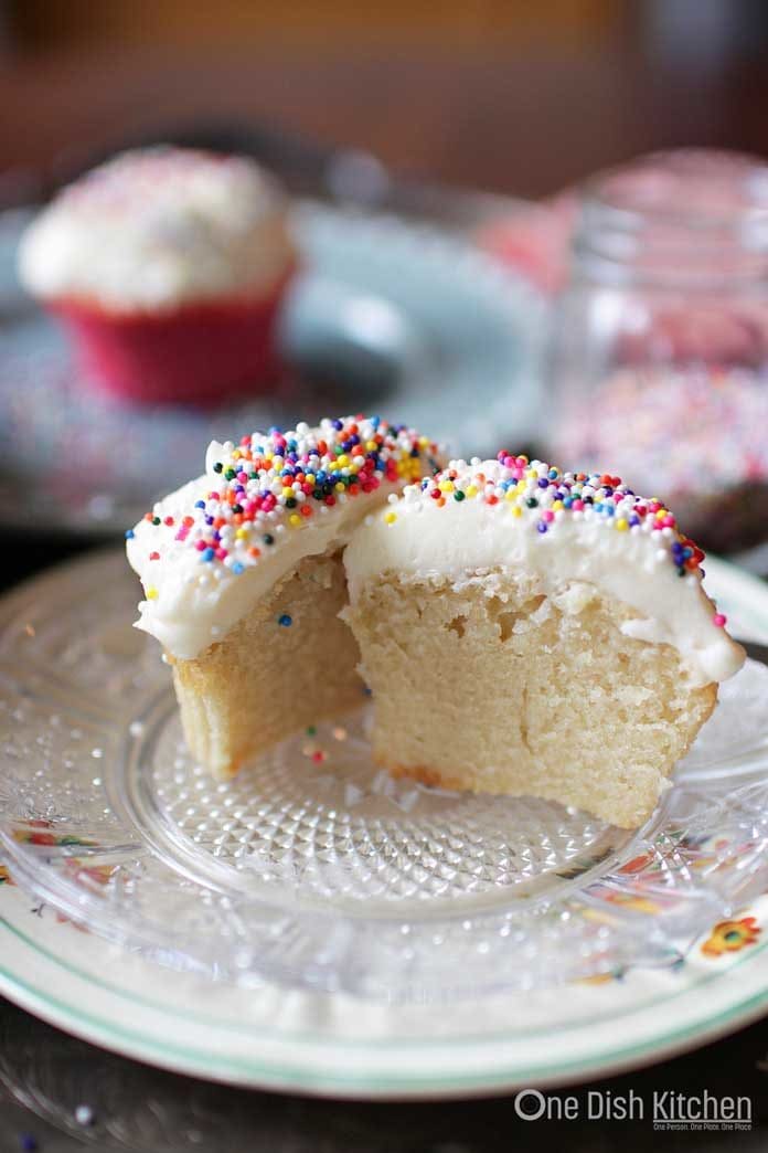 vanilla cupcakes sliced in half | one dish kitchen