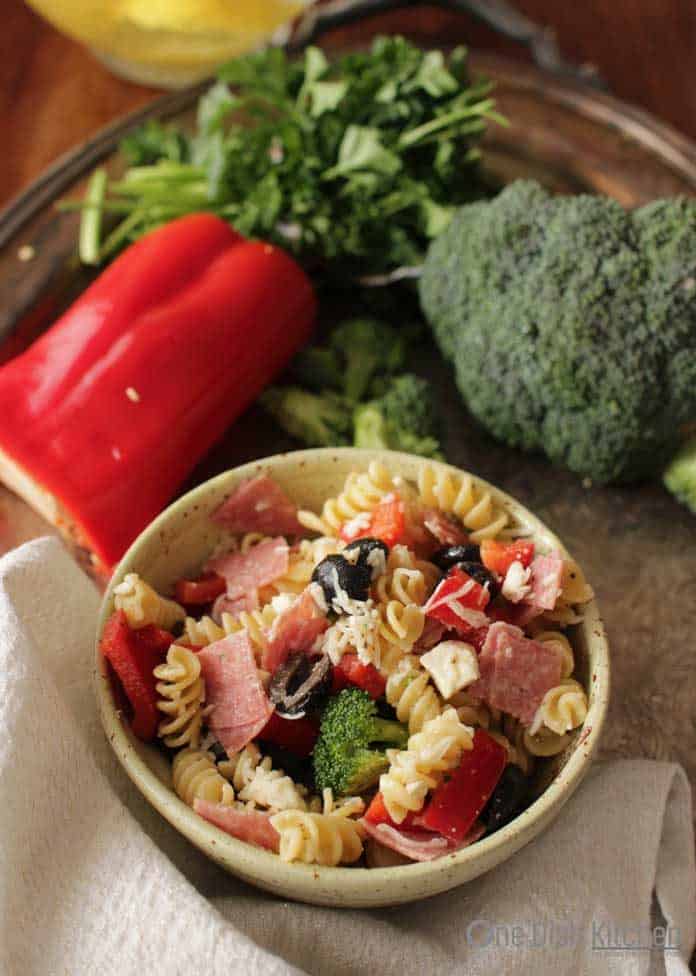 bowl of Italian pasta salad with italian dressing | One Dish Kitchen