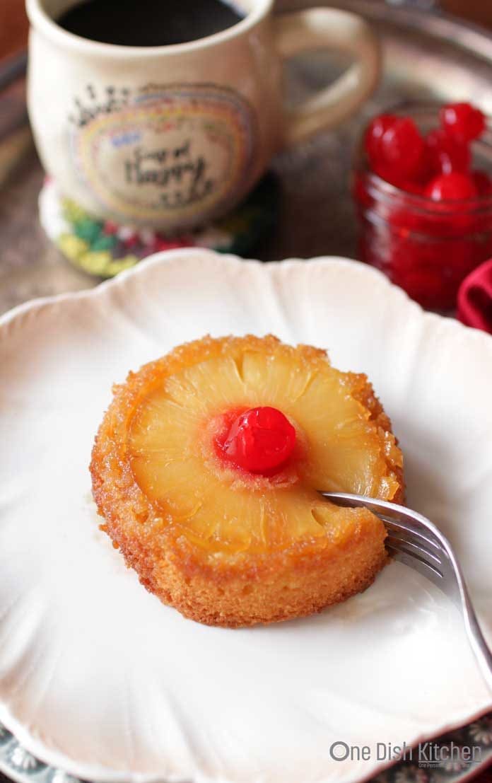 Pineapple Upside Down Cake with fork | One Dish Kitchen