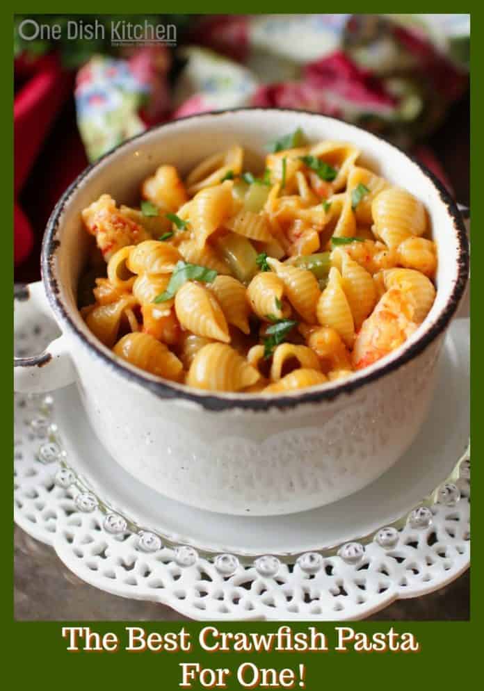 A New Orleans inspired Crawfish Pasta recipe that’s easy to make and incredibly delicious. It’s filled with plenty of crawfish and made with the “trinity of vegetables”. This rich and creamy single serving seafood pasta dish cooks in under 30 minutes! | One DIsh Kitchen