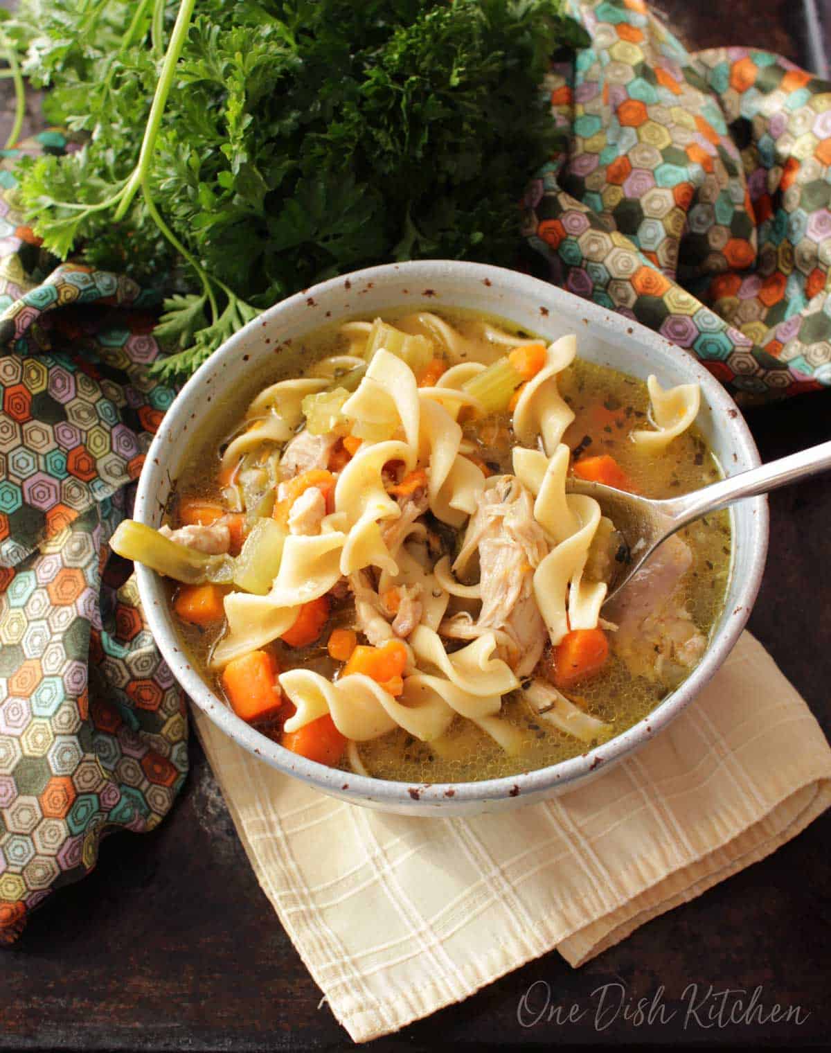 A spoonful of chicken noodle soup from the bowl