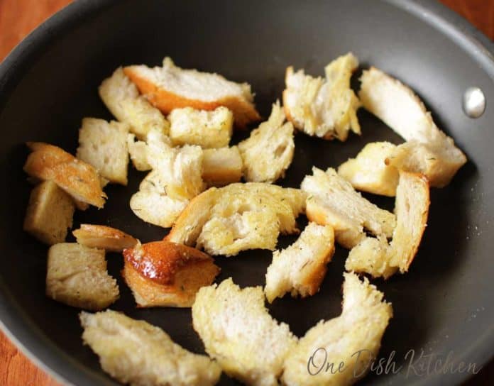 making croutons on the stove in a pan | one dish kitchen