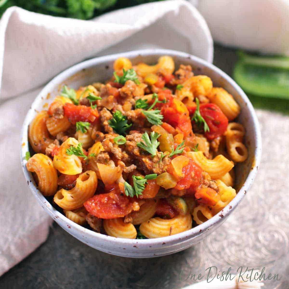overhead shot of a bowl of old fashioned goulash.