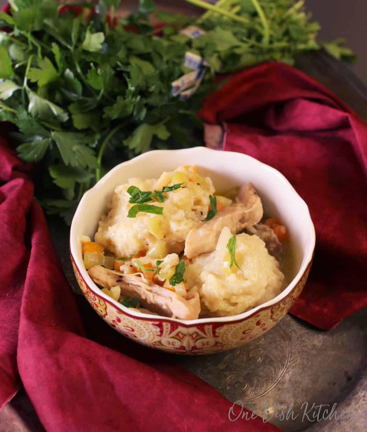 pieces of chicken along with dumplings in a bowl next to a red napkin on a tray.