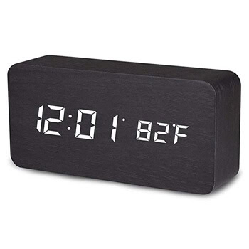 2. MiToo Digital Alarm Clock, Temperature Date LED Display Wood Grain Clock 3 Levels Brightness Voice Control