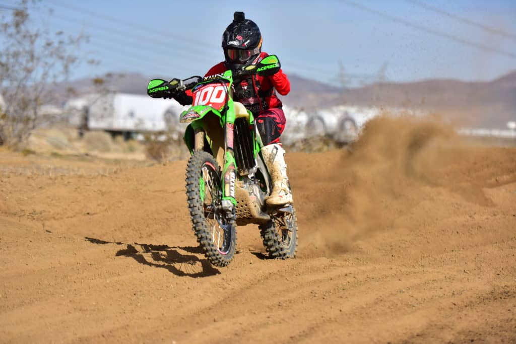 Zach Bell riding his KX450 at the 2020 Adelanto NGPC