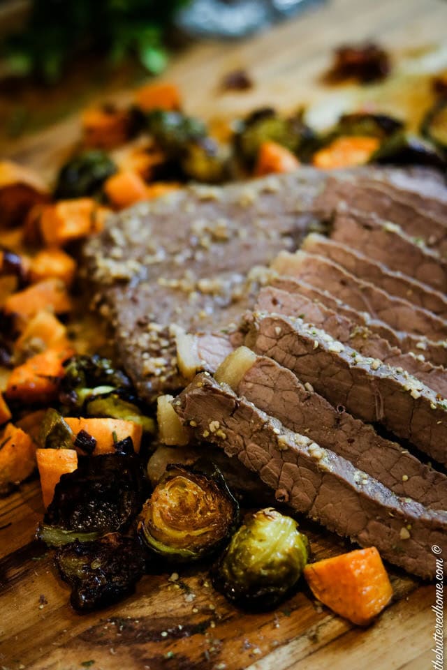 Bourbon Steak with Brussel sprouts and sweet potatoes